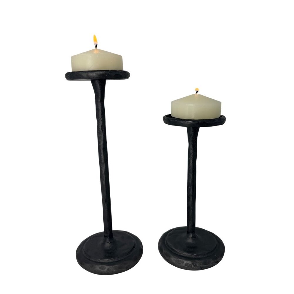 Vintage Pewter Metal‎ Pillar Candle Holders Pair Tall Modern Minimalist Decor